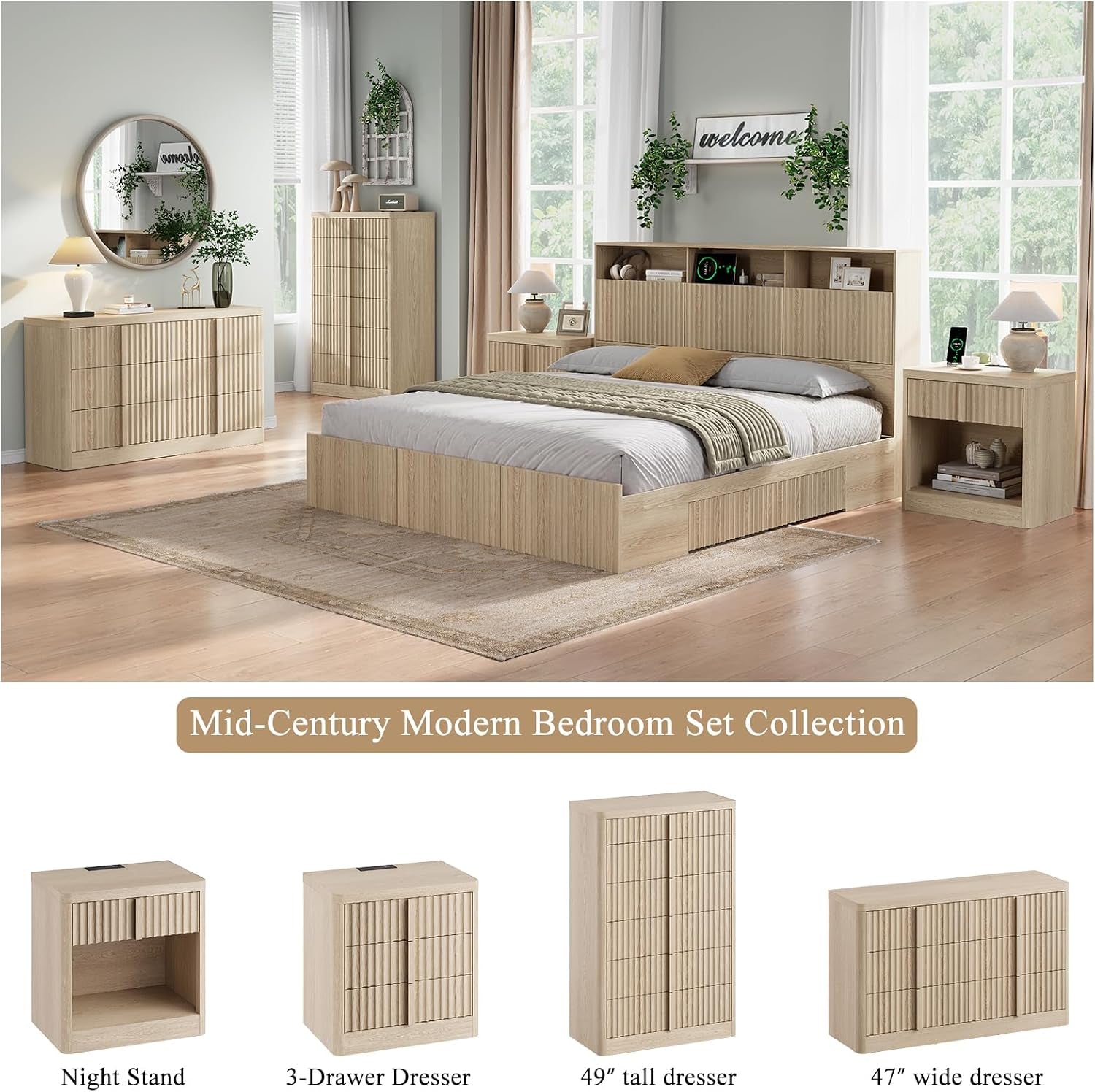 Bedroom scene showing bed, matching dressers and two nightstands in coordinating light wood finish