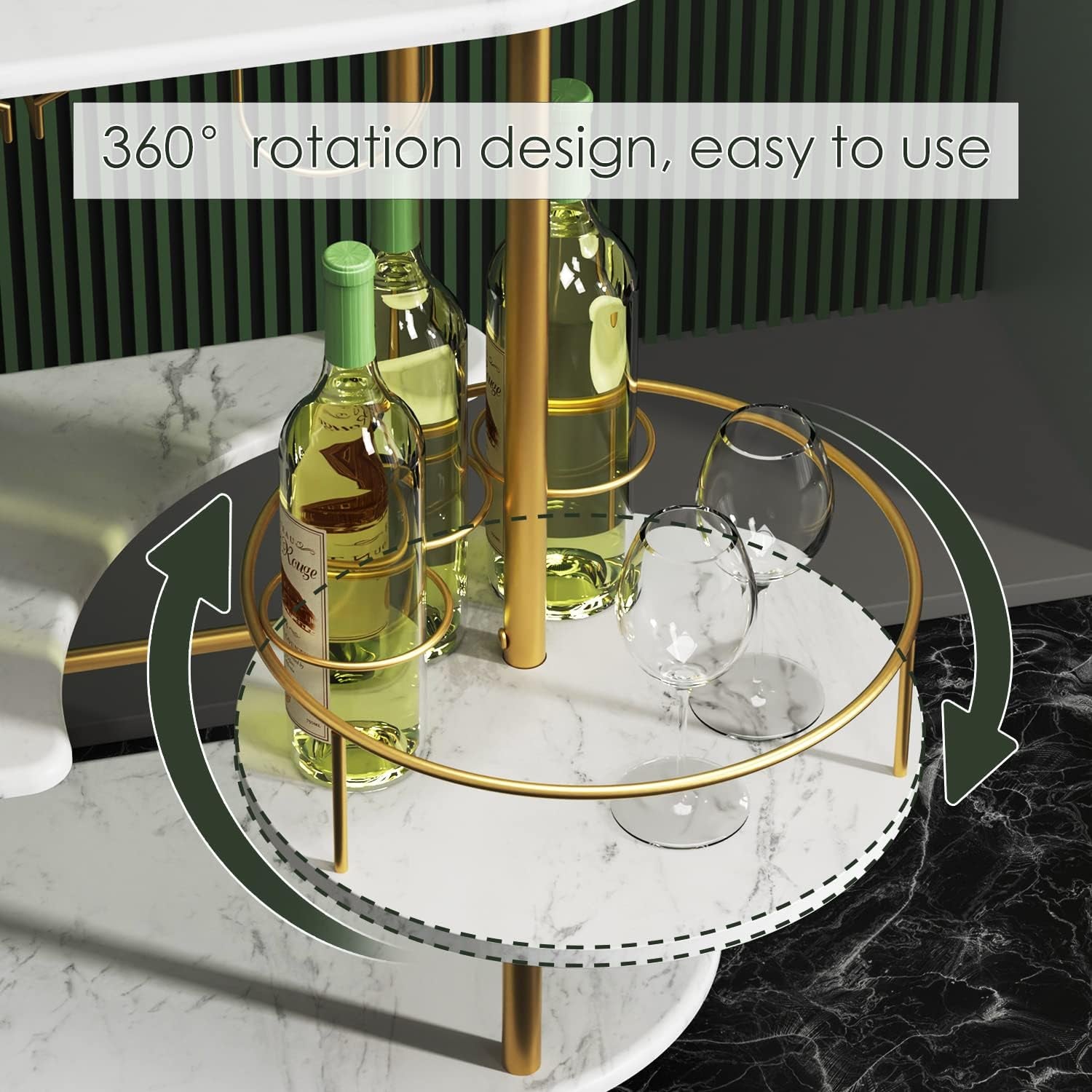 Close-up of the round rotating shelf with wine bottles and two stemless glasses and rotation arrows.