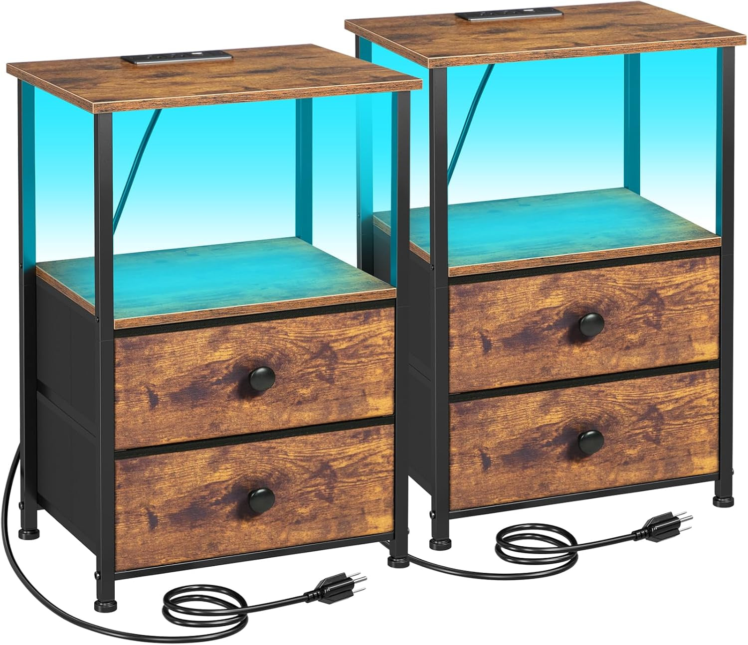 Pair of rustic brown two-drawer nightstands shown together with power cords