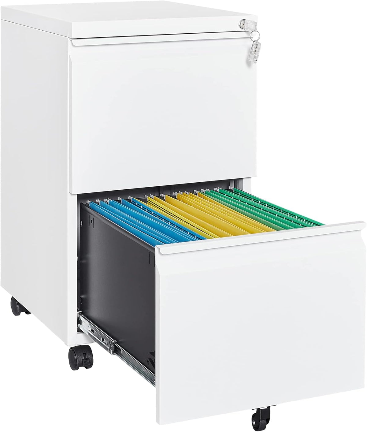 White three-drawer mobile filing cabinet with bottom drawer open showing colored hanging file folders on metal rails.