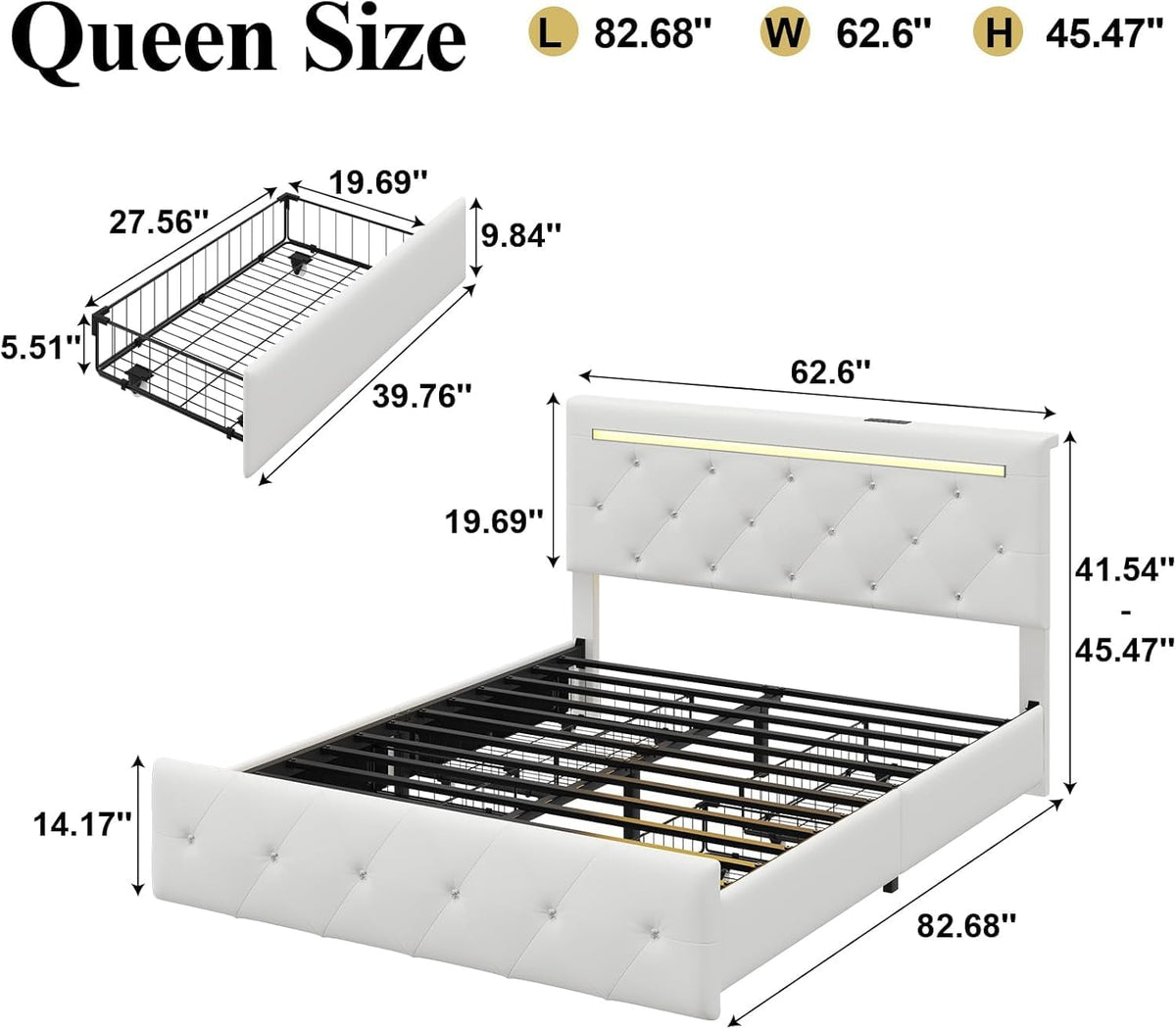 Queen-size diagram showing bed frame, headboard and under-bed drawer measurements and layout