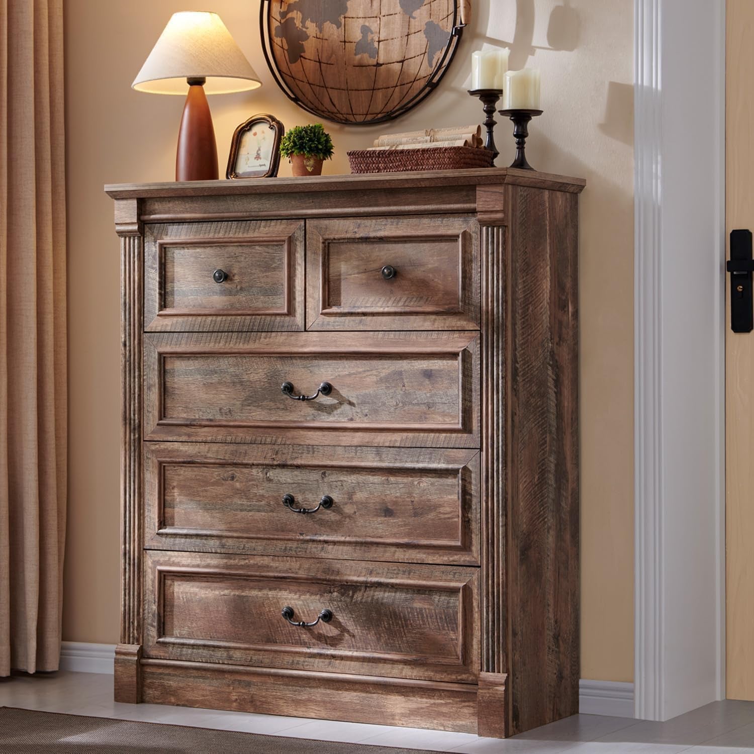 Three-quarter view of a tall rustic brown chest with visible wood grain and black drawer pulls.