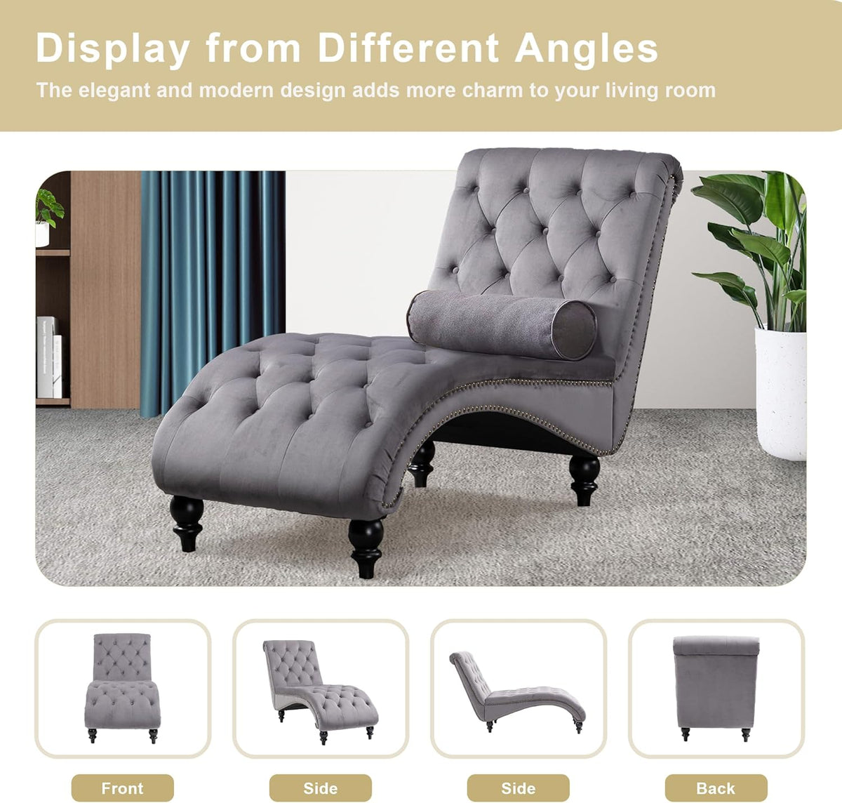 Grey velvet chaise shown from multiple angles on a carpeted floor including front, side and back thumbnails