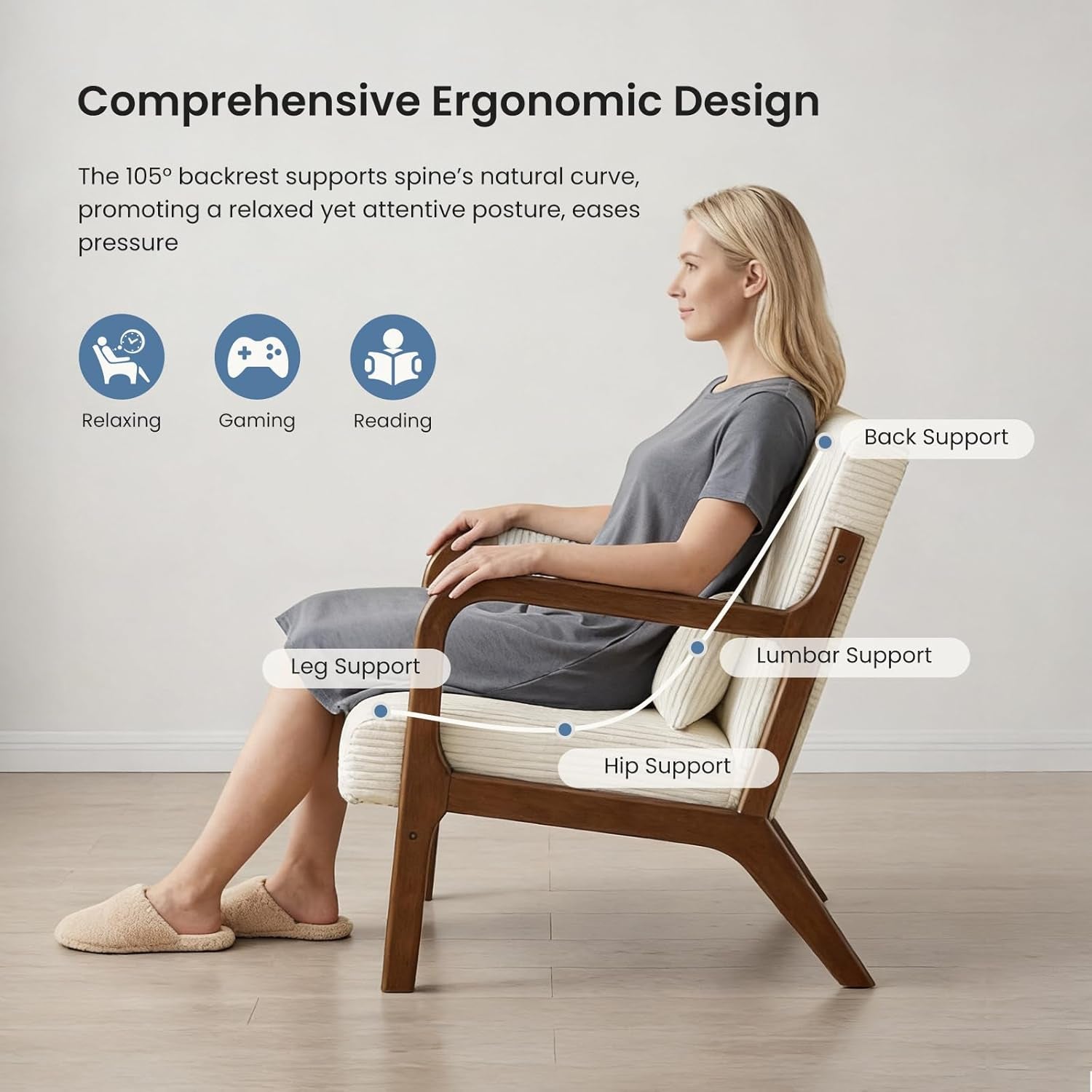 Side profile of a person sitting in the chair with annotated points for back, lumbar, hip and leg support