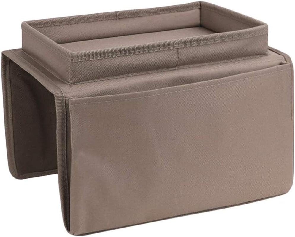 Side view of brown armrest caddy showing over-arm sleeve and padded rectangular top tray