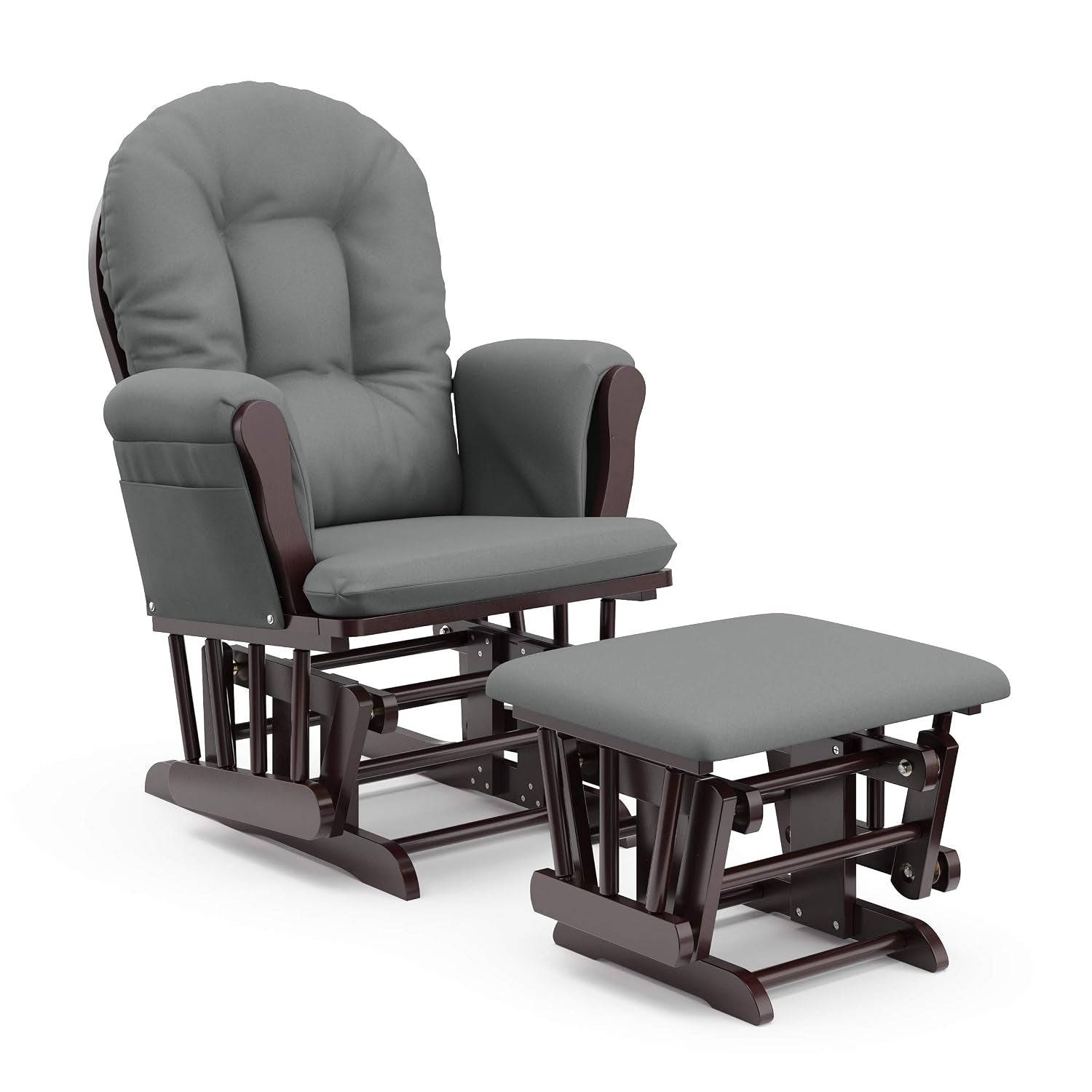 Dark espresso wood glider chair with medium gray cushions and matching ottoman on white background
