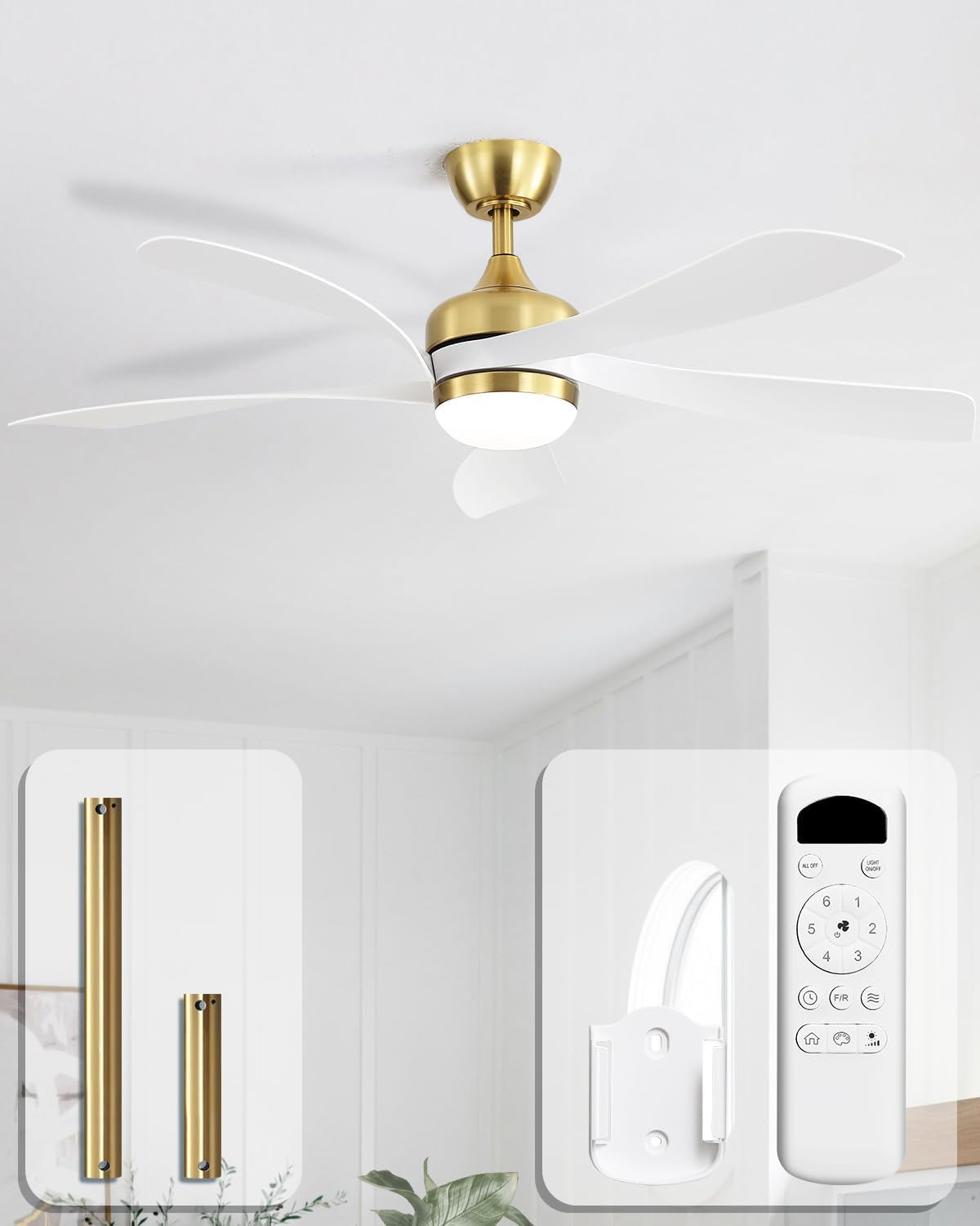 Ceiling fan with gold motor housing and white blades installed in a bright room, shown with remote and downrods.