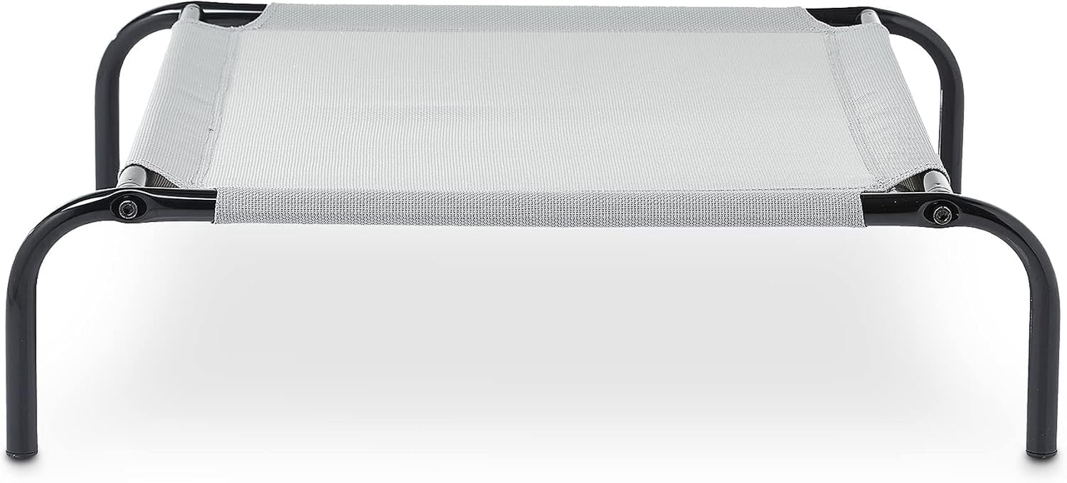 Low front view of the elevated bed highlighting rounded black legs and taut grey mesh sleep surface