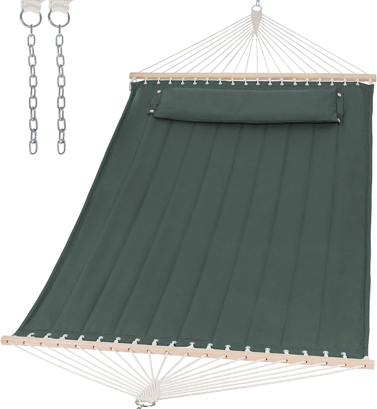 Top-down product view of a dark forest green padded hammock with hardwood spreader bars, pillow and hanging chains