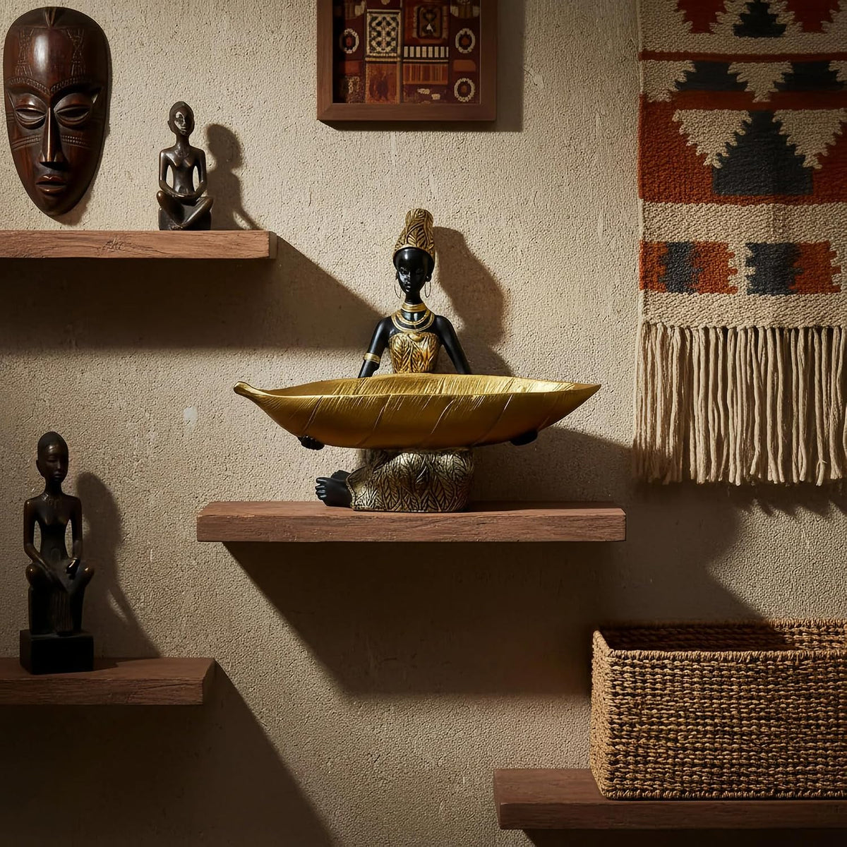 Seated figure with a gold leaf tray positioned on a wooden wall shelf among carved masks and a woven storage basket