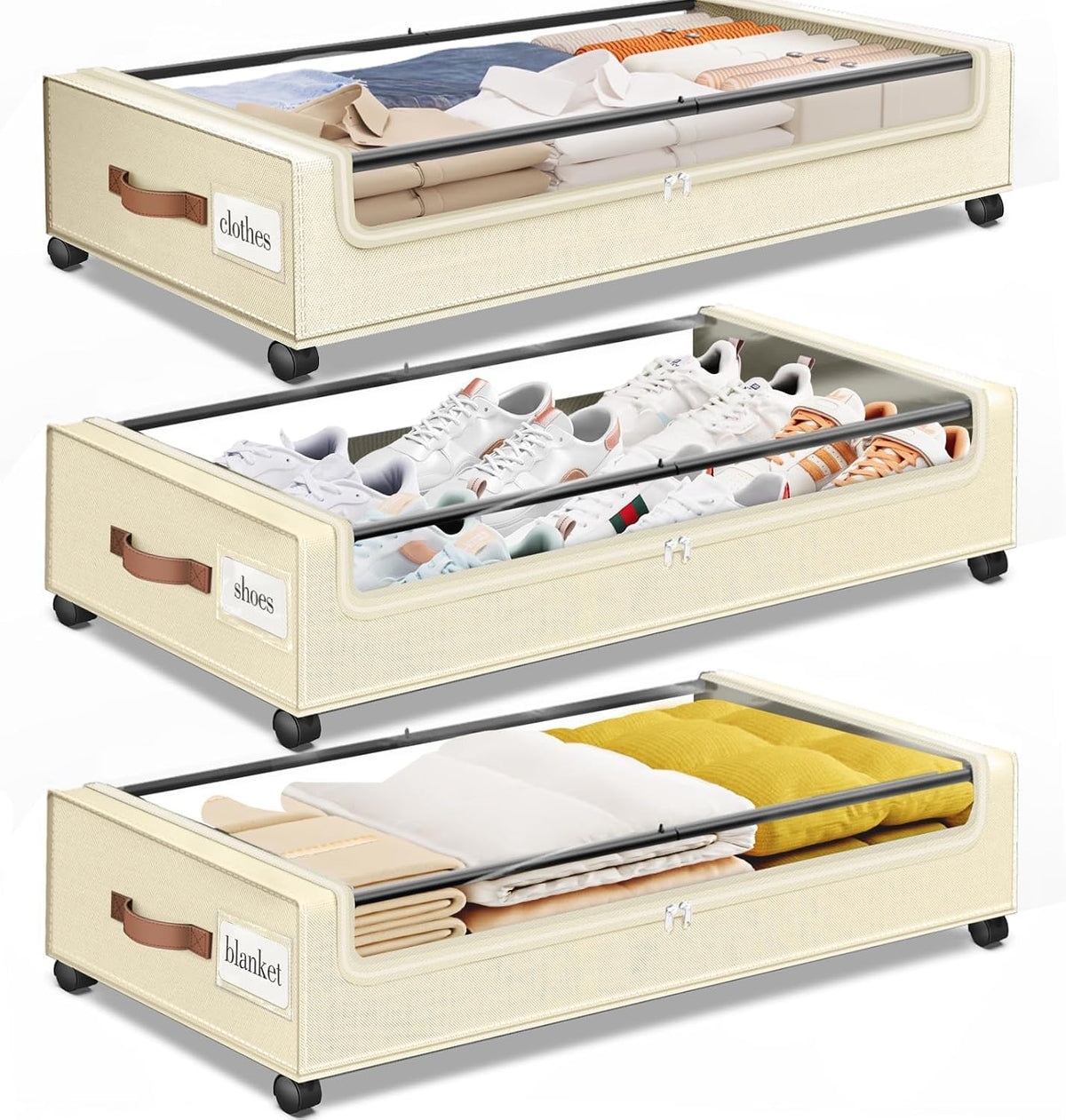 Three cream-colored underbed storage boxes displayed stacked, each with clear lids showing folded clothes, shoes and a