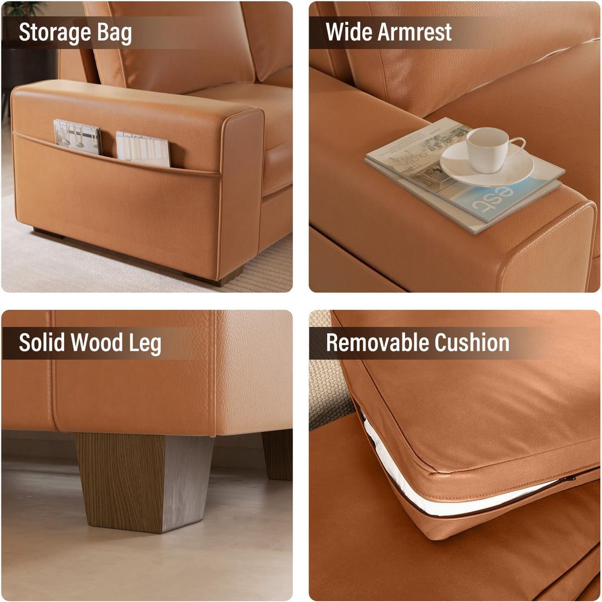 Four close-up feature shots showing side storage pocket, wide armrest, solid wood leg, and removable cushion.