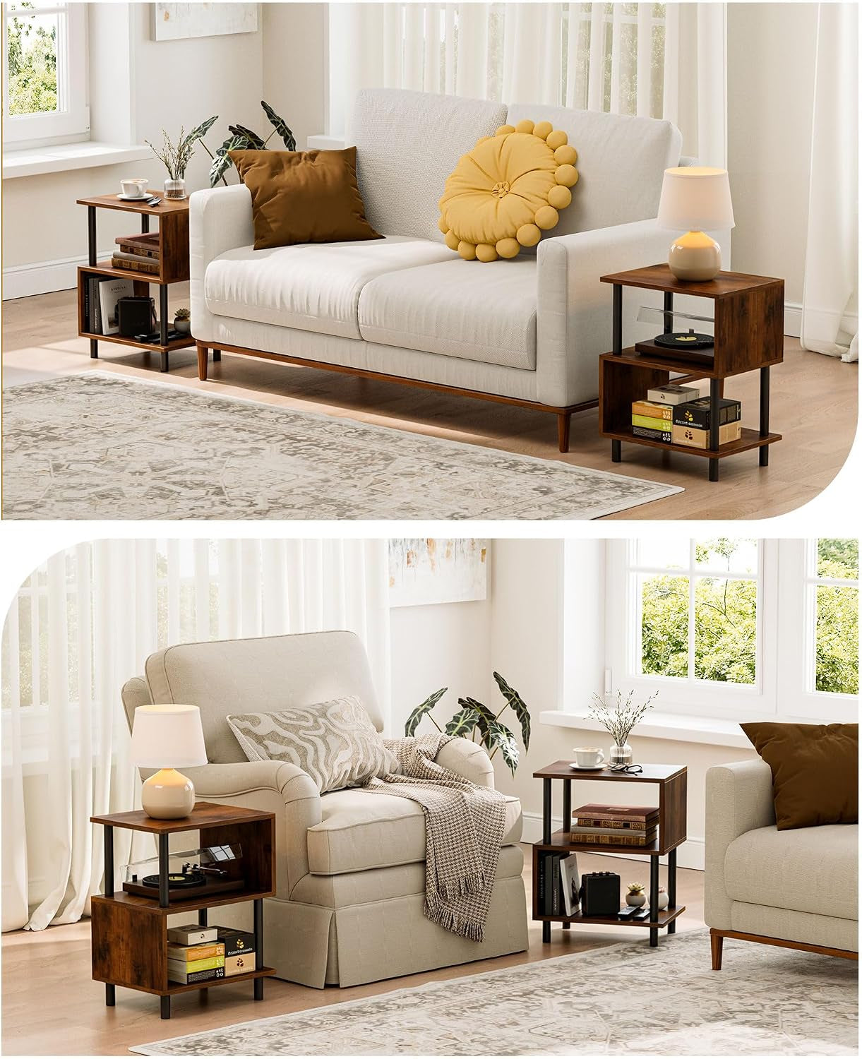 Room scene with two matching rustic brown side tables flanking a sofa and armchair in a bright living room