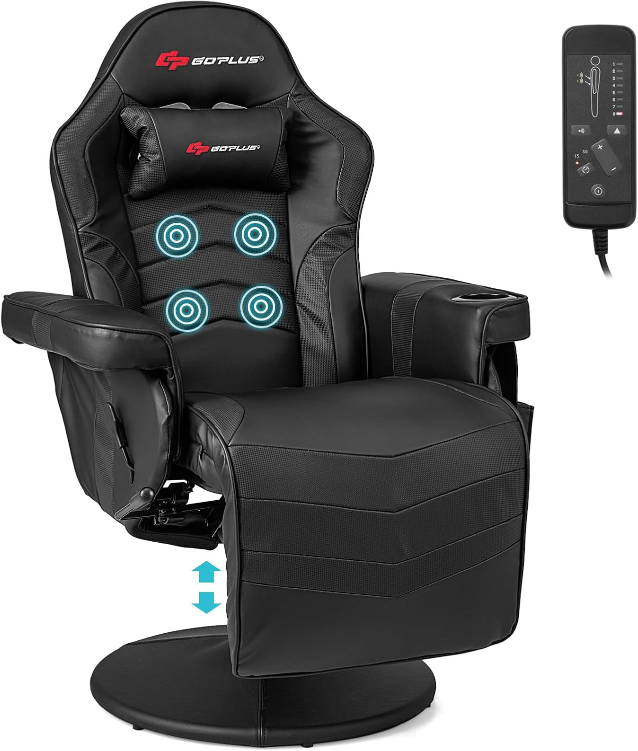 Black gaming recliner with highlighted vibration points and remote control