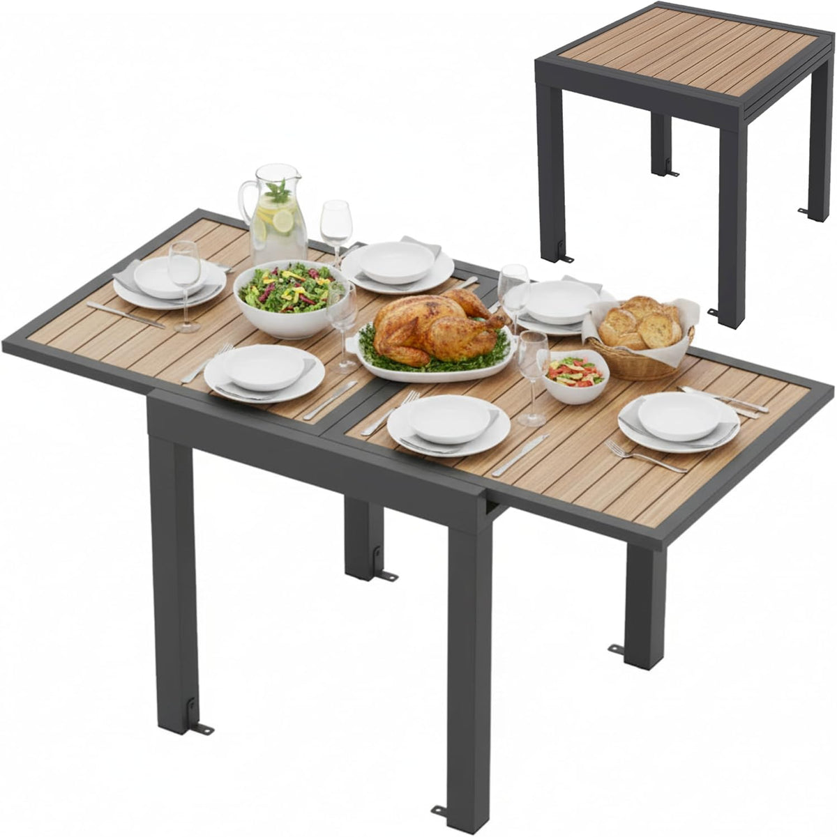 Dark gray aluminum extendable patio table with wood-like slatted top shown expanded to a rectangle with place settings and an