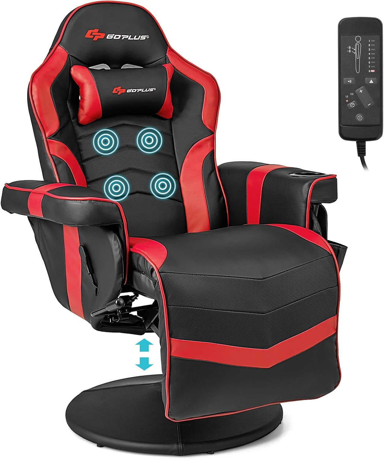 Black and red racing-style gaming chair with head pillow, cup holder and extended footrest
