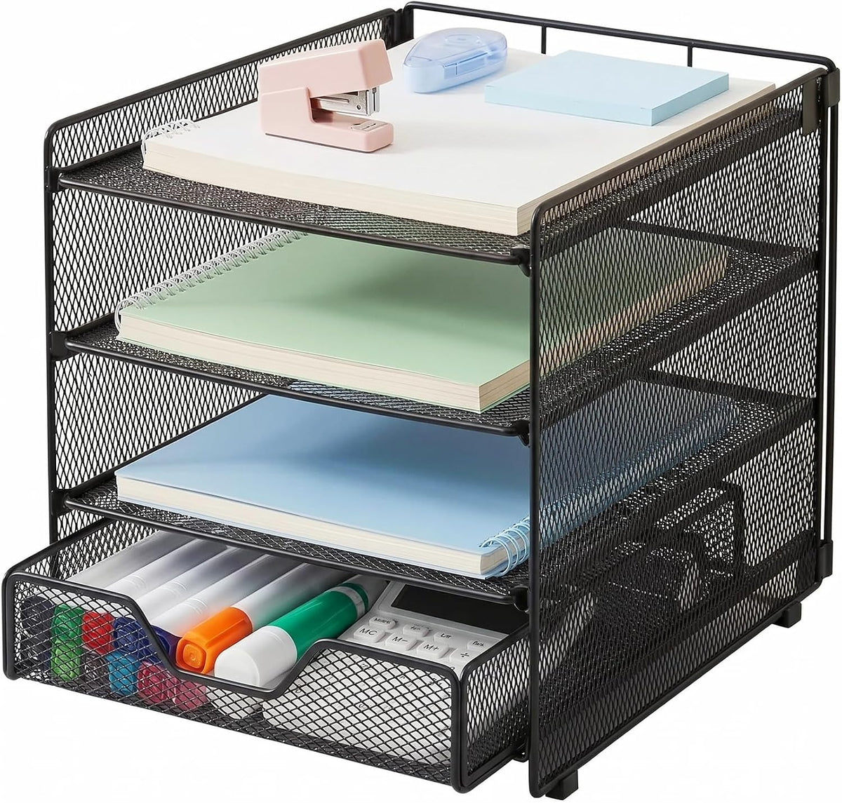 Angled view of black mesh organizer showing stacked shelves and open front drawer