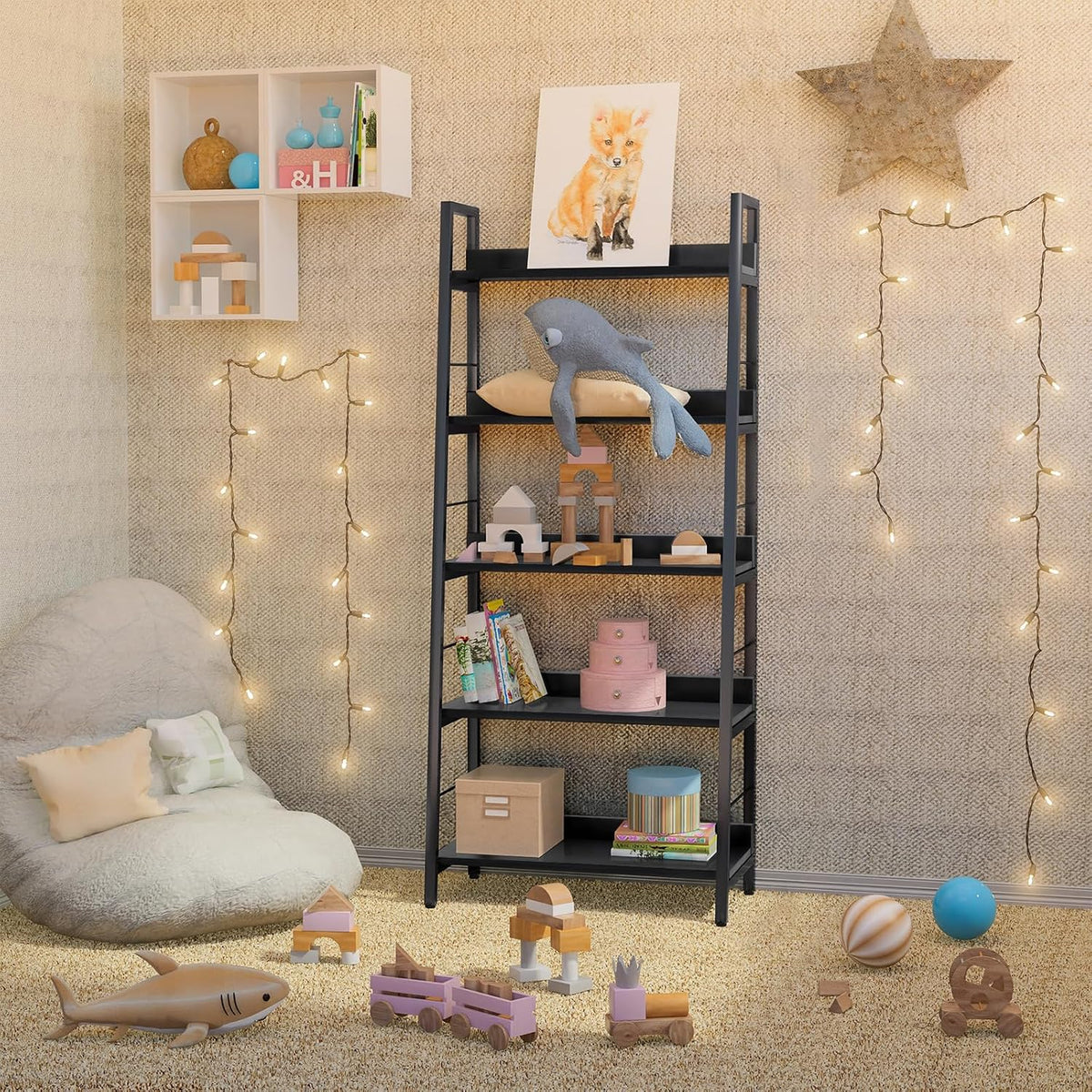 Single ladder bookcase in a cozy kids' corner with fairy lights, toys on the floor and plush decor on shelves