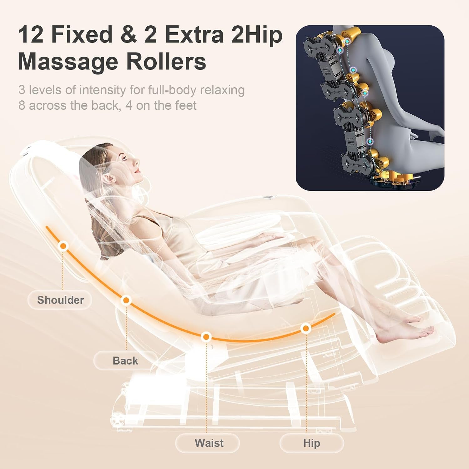 Graphic showing roller mechanisms and L-shaped track on a reclining figure from shoulder to hip