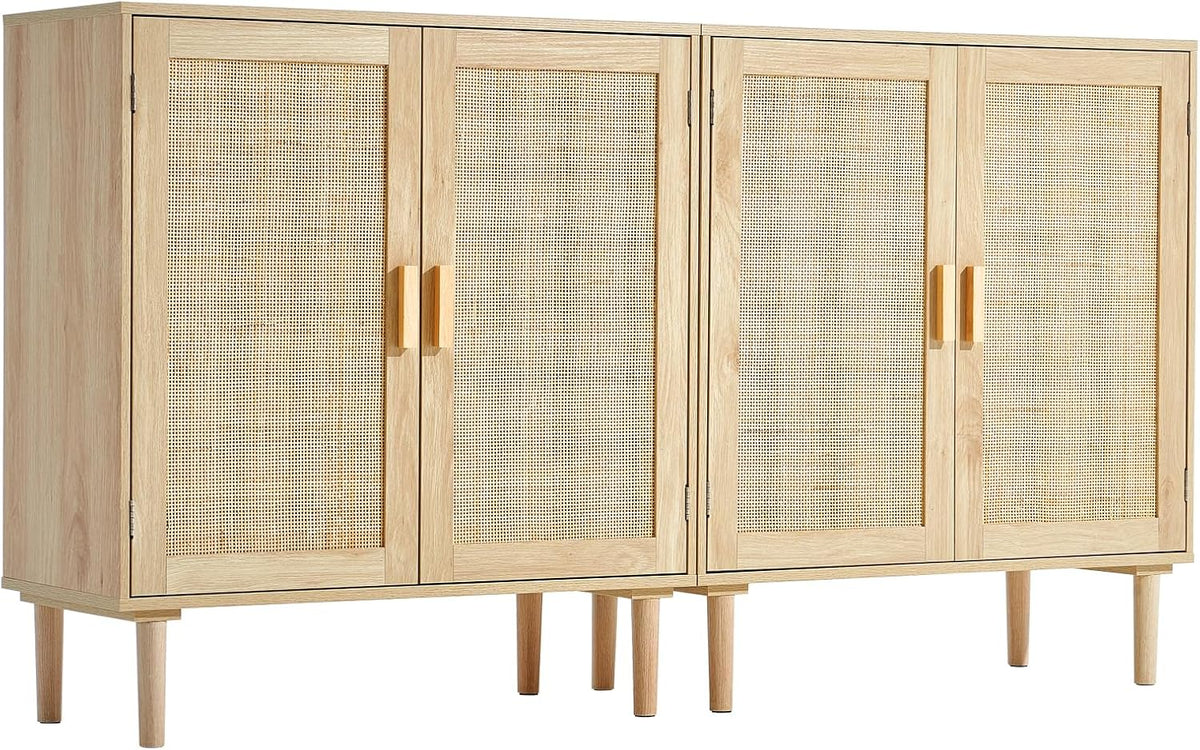 Long natural wood rattan buffet with four cane-front doors and six tapered legs.