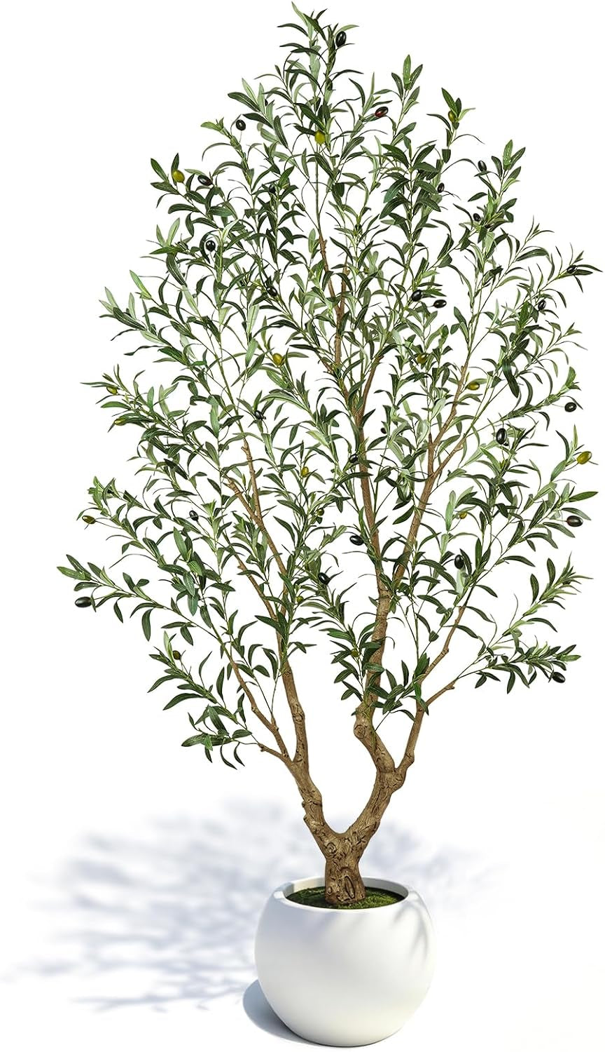 Six-foot artificial olive tree in a round white planter, leafy branches and shadow on white background.