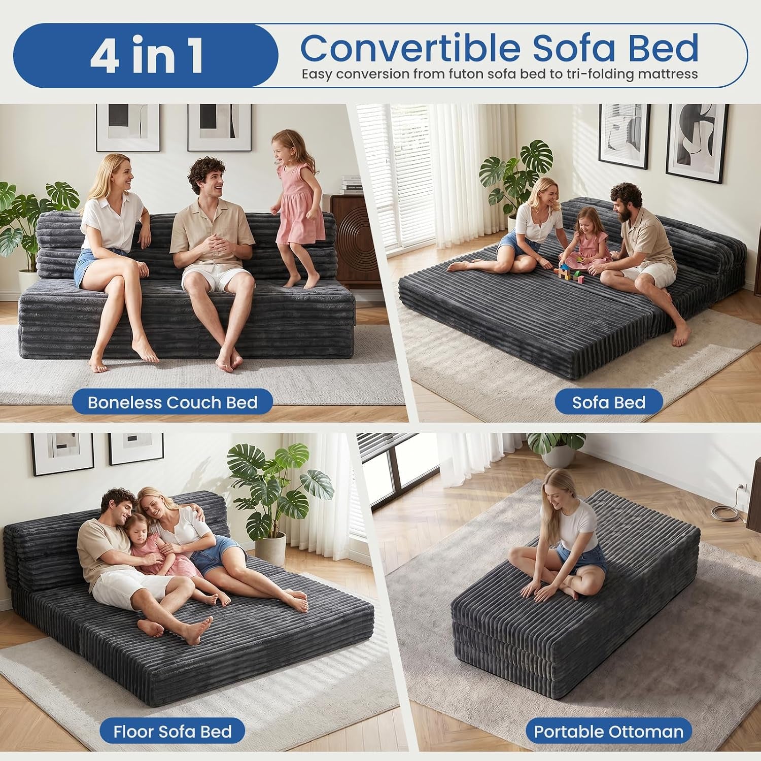Collage of the futon used as a boneless couch bed, sofa bed, floor sofa bed and portable ottoman in a living room