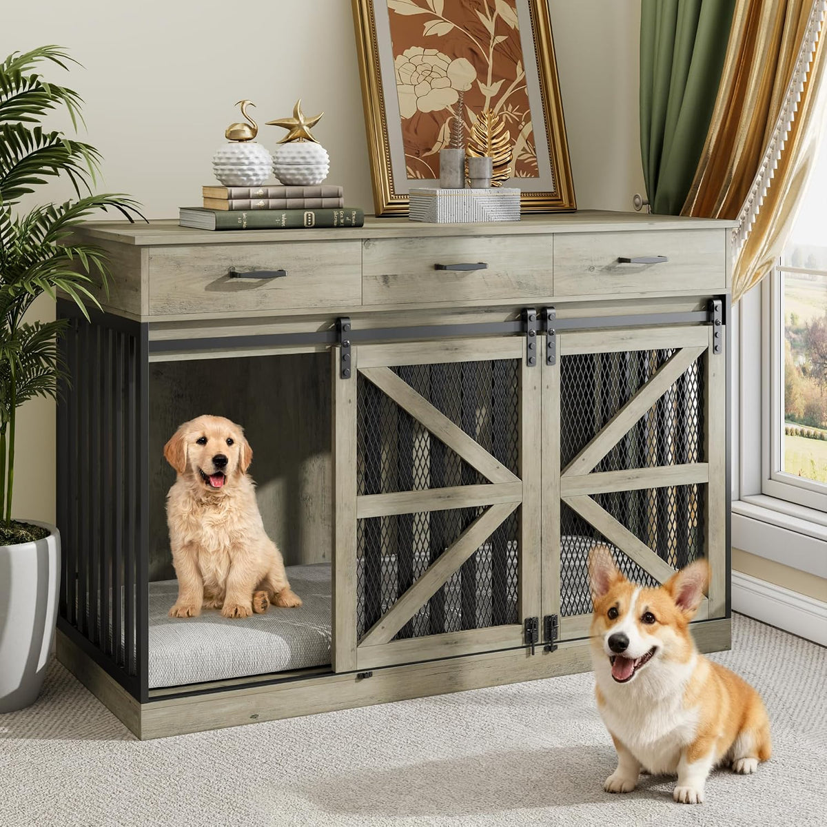Grey dog crate console with sliding barn-style doors and three drawers, angled front view with two dogs