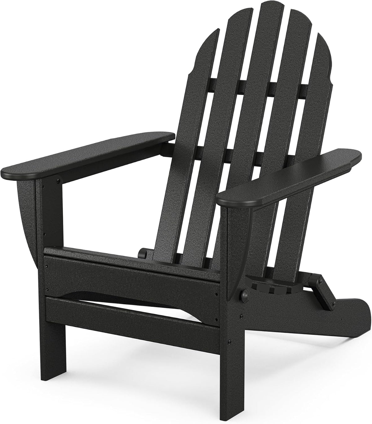 Black Adirondack chair close-up showing textured grain-like finish and rounded armrests.