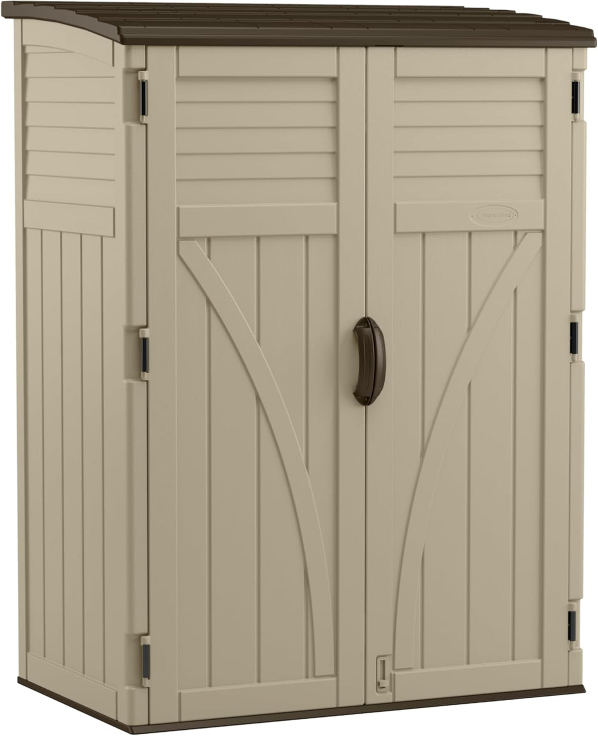 Taupe vertical outdoor storage cabinet front view showing closed double doors and brown top