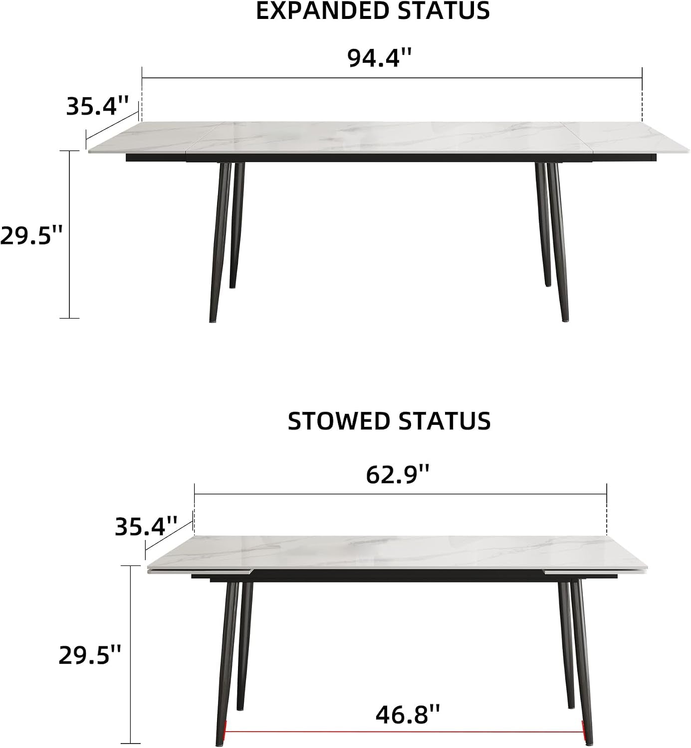Front view diagram showing table dimensions 94.4" expanded and 62.9" closed with leg profile