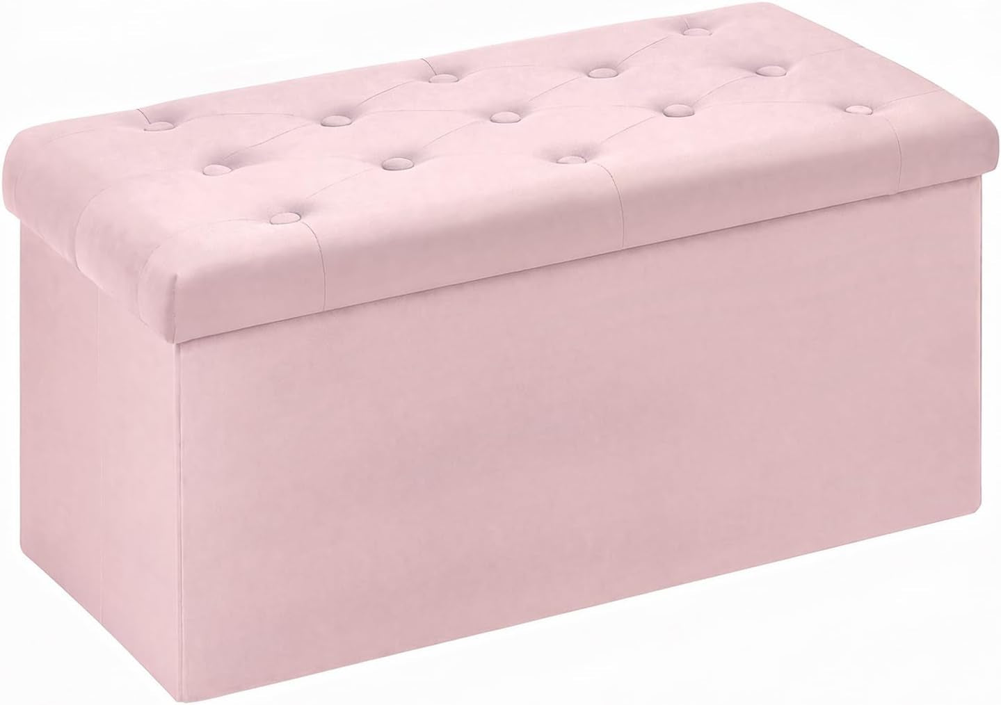 Pink rectangular tufted storage ottoman with buttoned top isolated on white