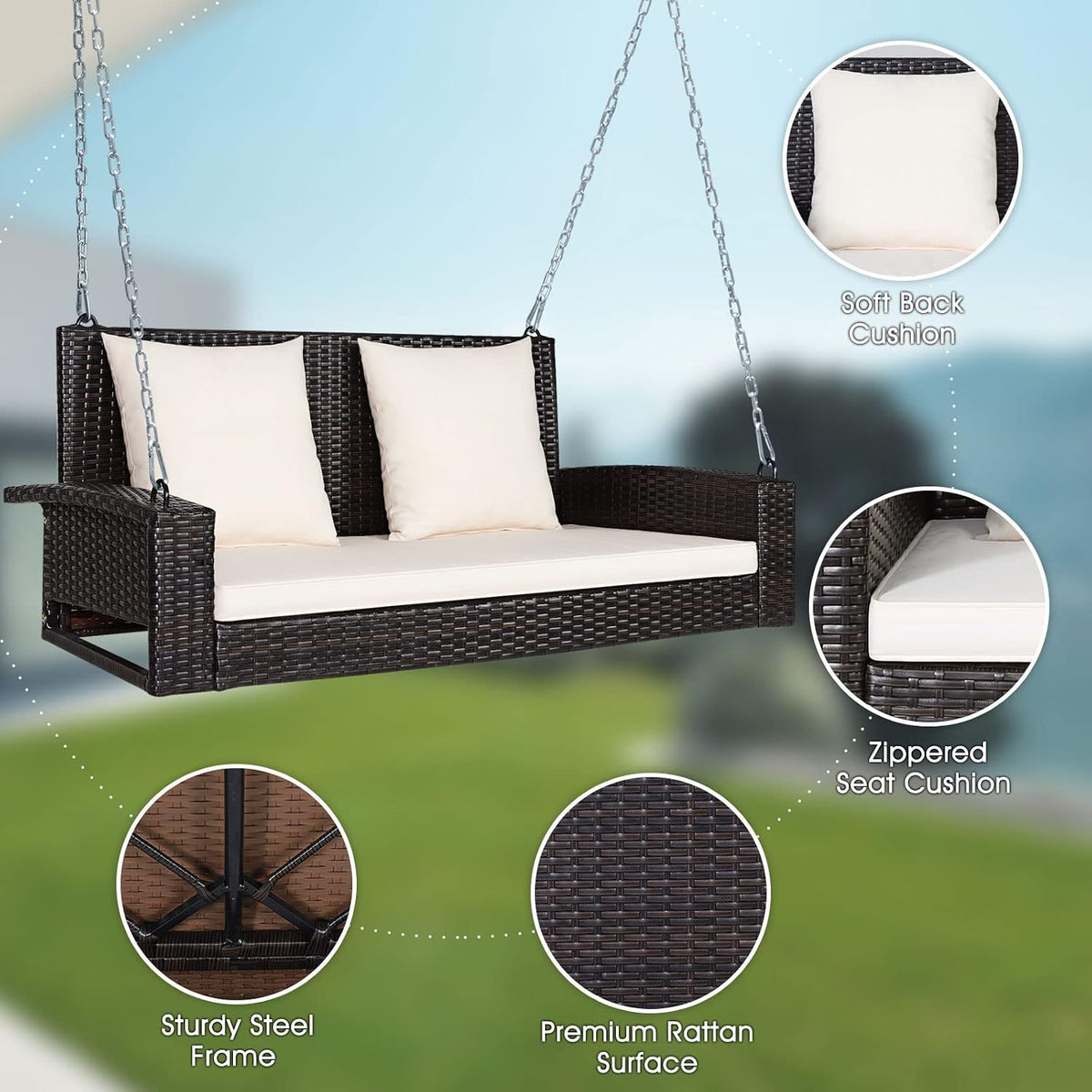 Hanging swing shown with three cream cushions and circular callouts highlighting the zippers, steel frame and woven rattan