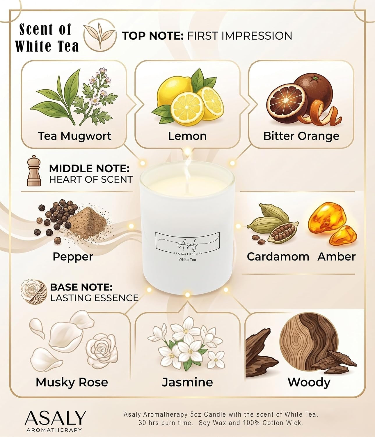 Infographic showing a lit white jar candle surrounded by illustrated top, middle and base scent notes for white tea.