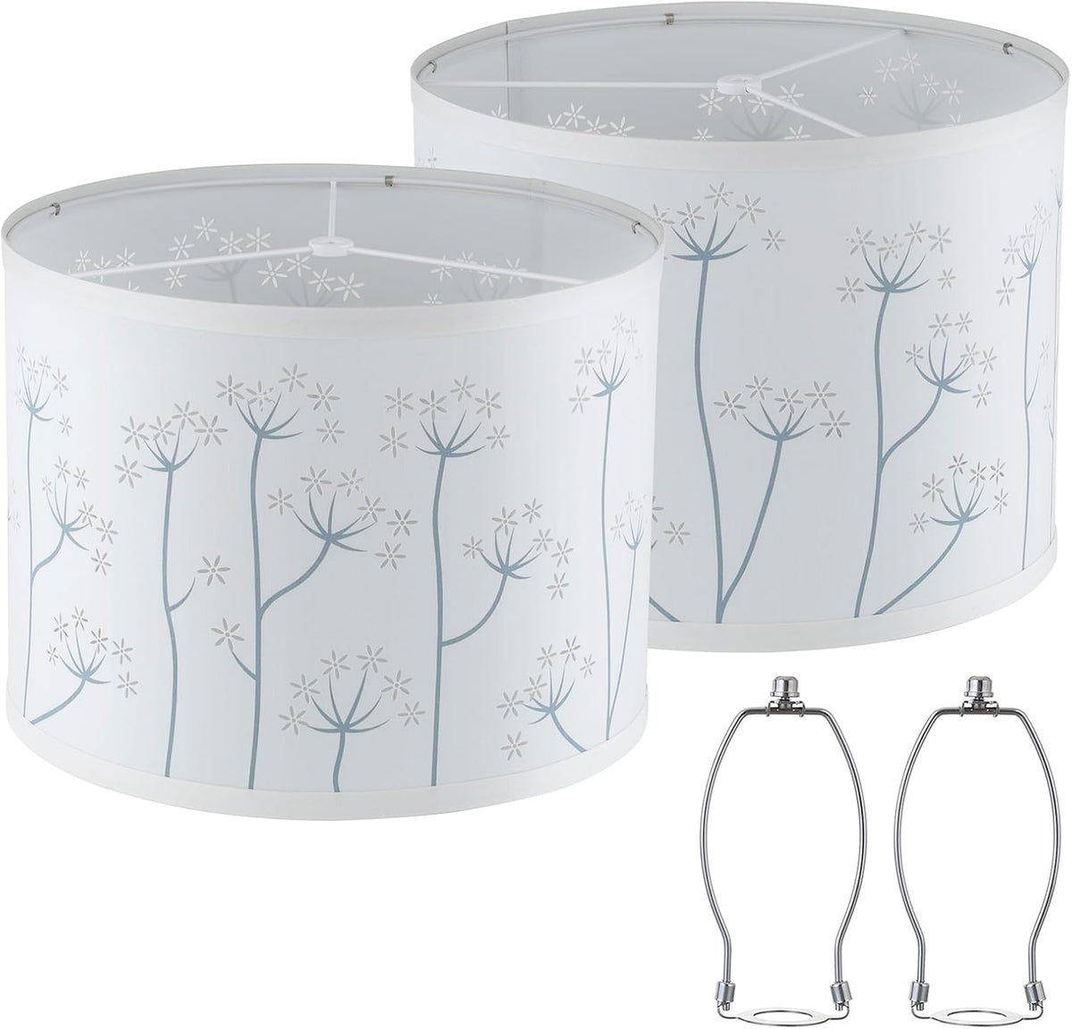 Pair of white drum shades with pale blue dandelion motif and two chrome harp fittings shown below