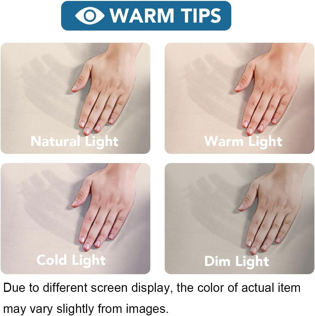 Four small panels showing a hand on fabric under natural, warm, cold and dim lighting to illustrate color variation