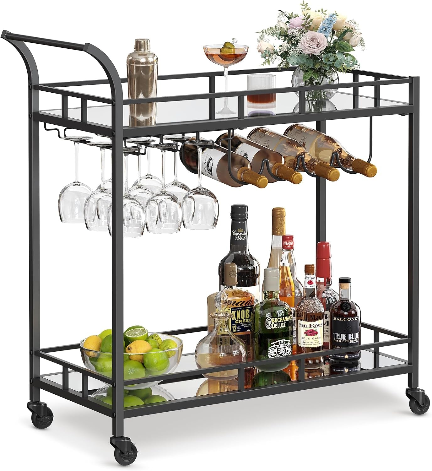 Front view of a black metal bar cart with mirrored shelves, wine bottles in the rack, hanging stemware and bottles on the