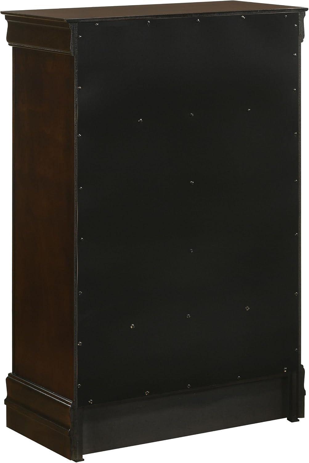Rear view of the chest showing a black back panel fastened with multiple screws.