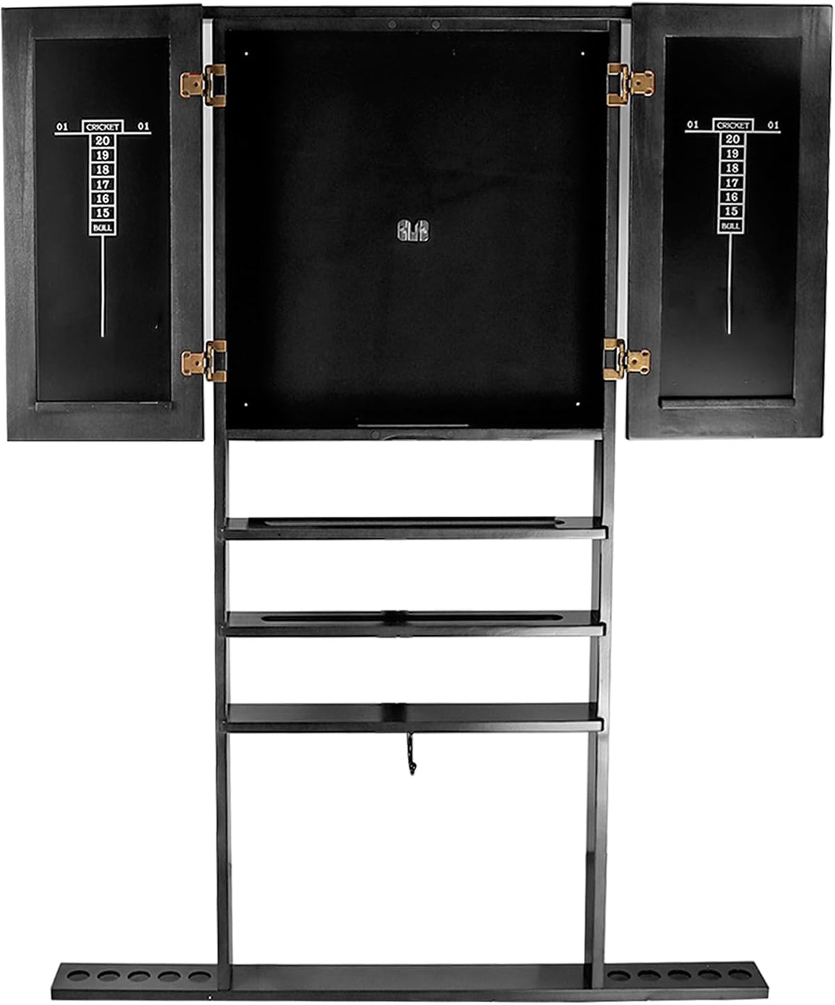 Front view of a black wall-mounted game cabinet with open double doors, three cue racks and base cue holes.