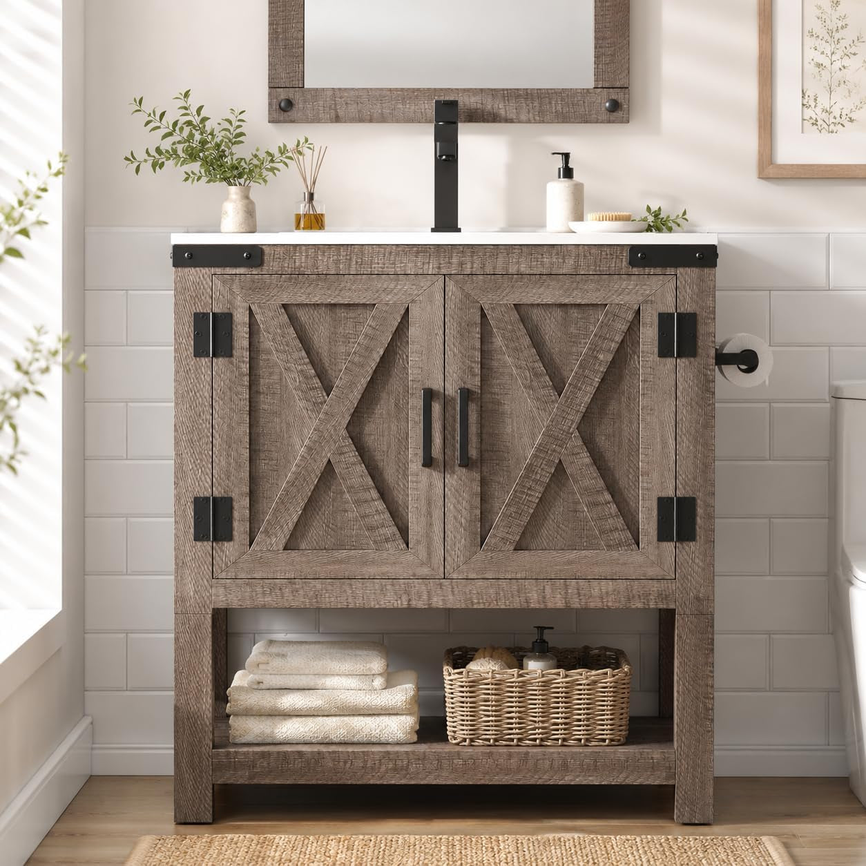Front view of a farmhouse-style bathroom vanity with X-panel double doors, white top and open lower shelf with towels and