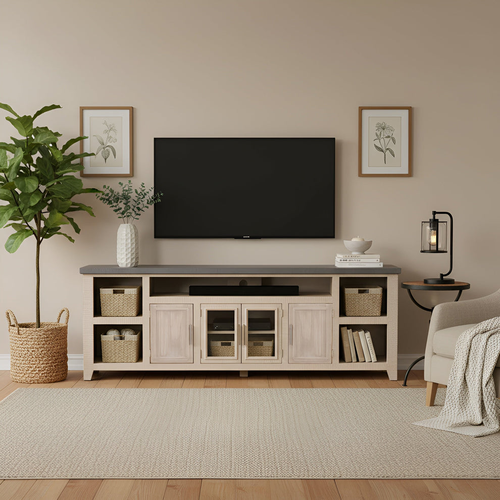 Camden TV Console - Driftwood with Slate Top
