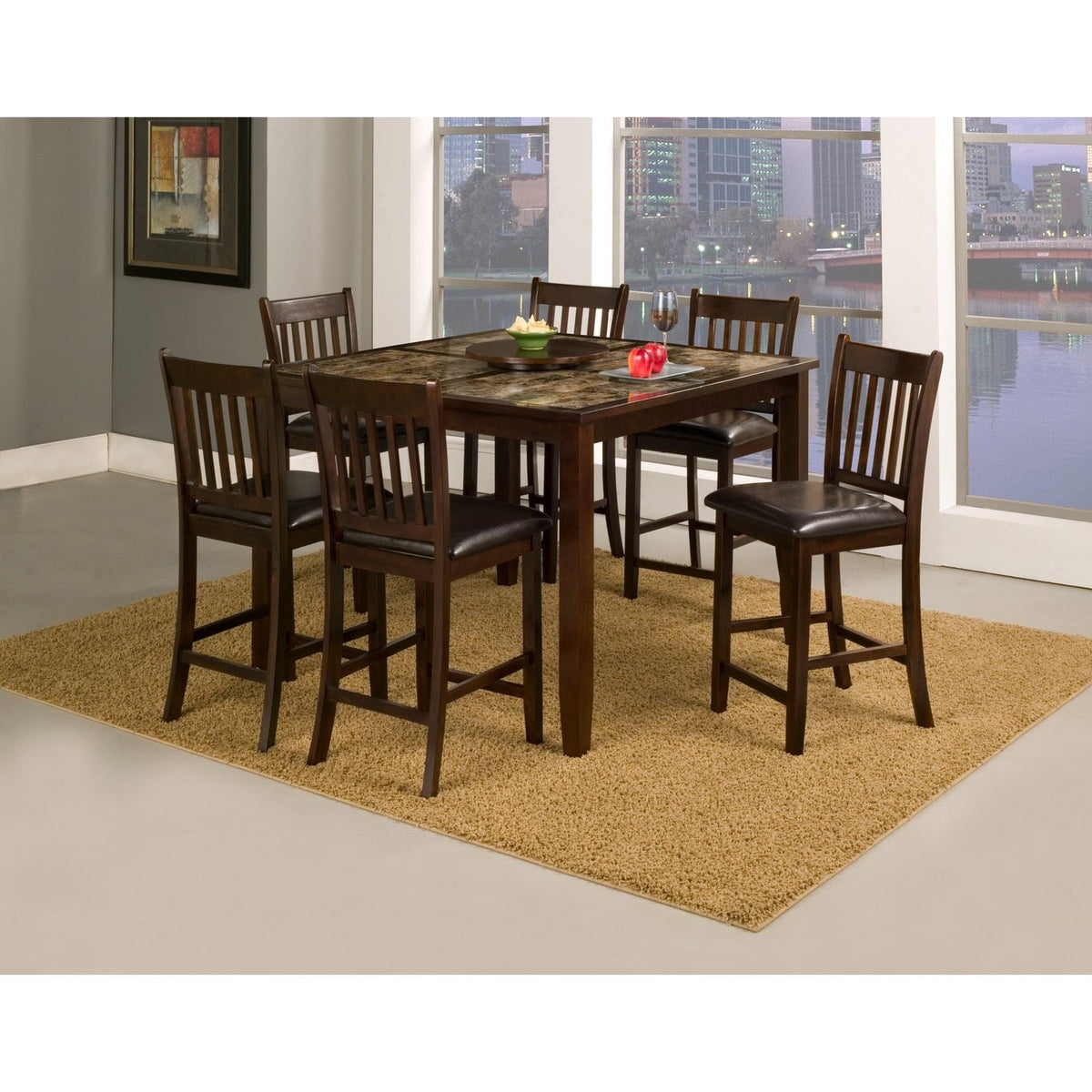 Espresso faux marble dining table with matching chairs in a bright room