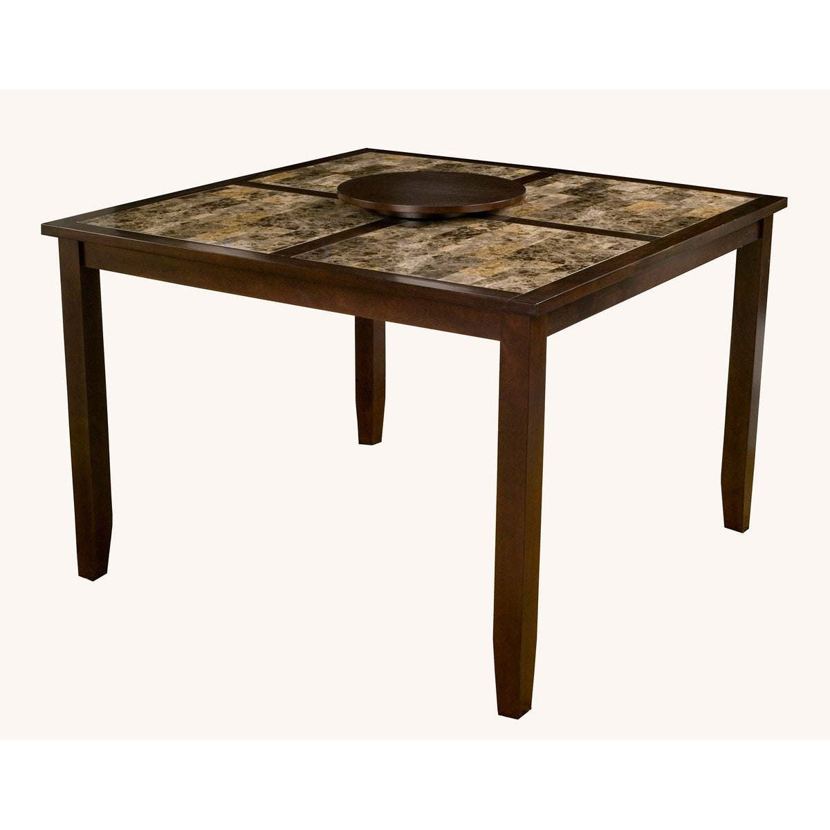 Espresso dining table with patterned faux marble top, shown at an angle