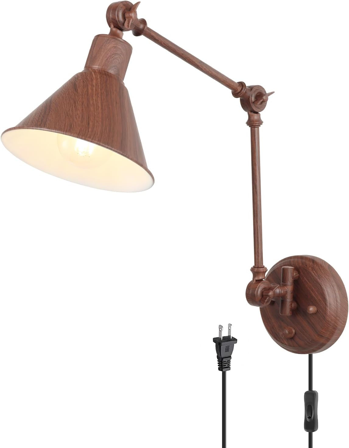 Single wood‑tone swing‑arm wall sconce with cone shade and hanging plug cord visible