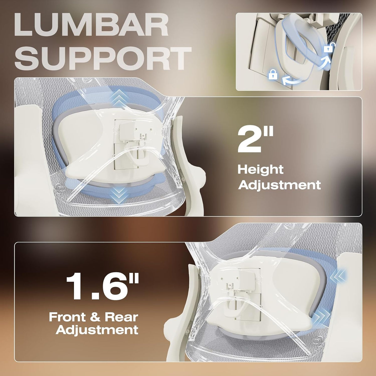 Illustration of lumbar support mechanism with front/rear and height adjustment callouts