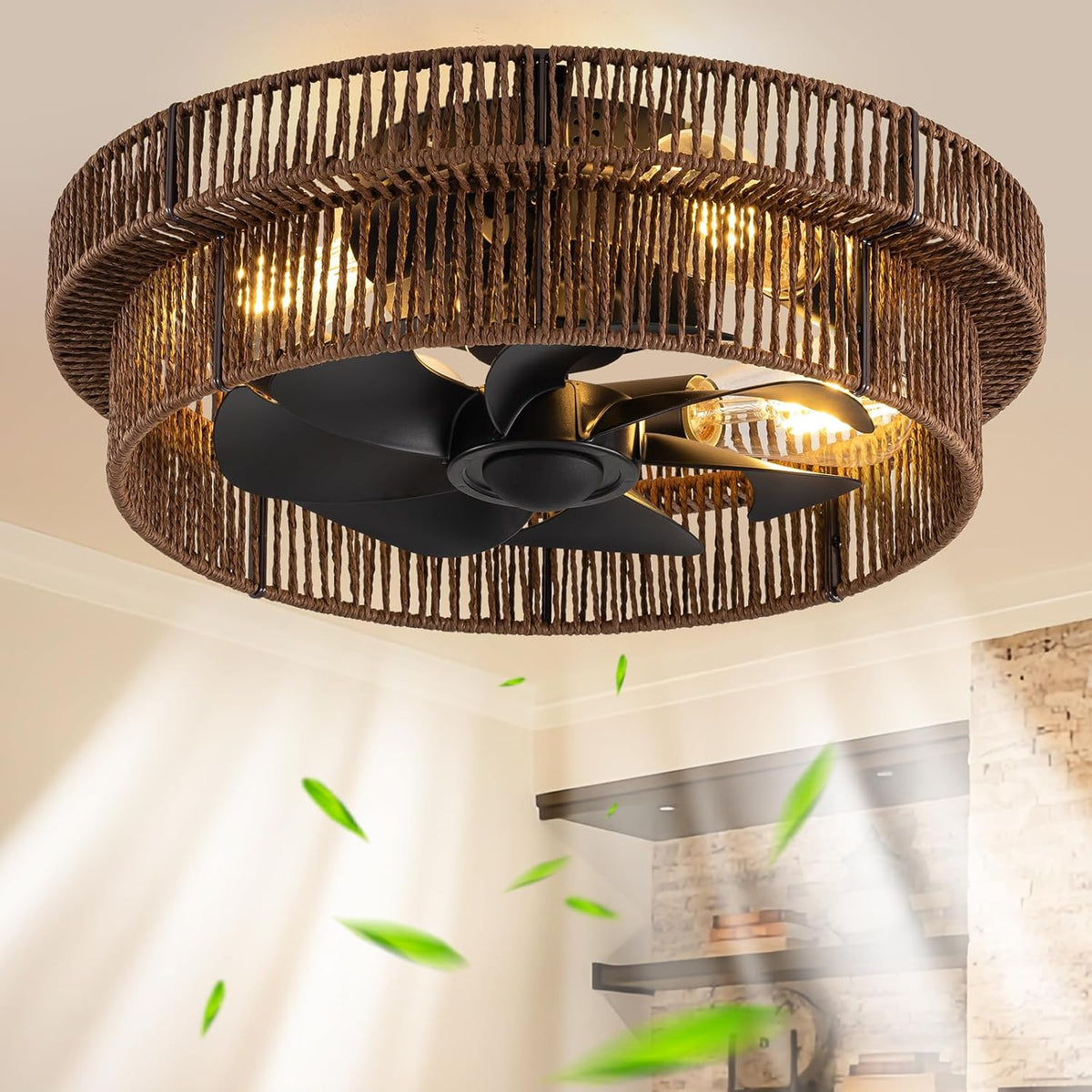 Close angled view from below showing a dark‑brown woven rattan cage with black fan blades and warm light.