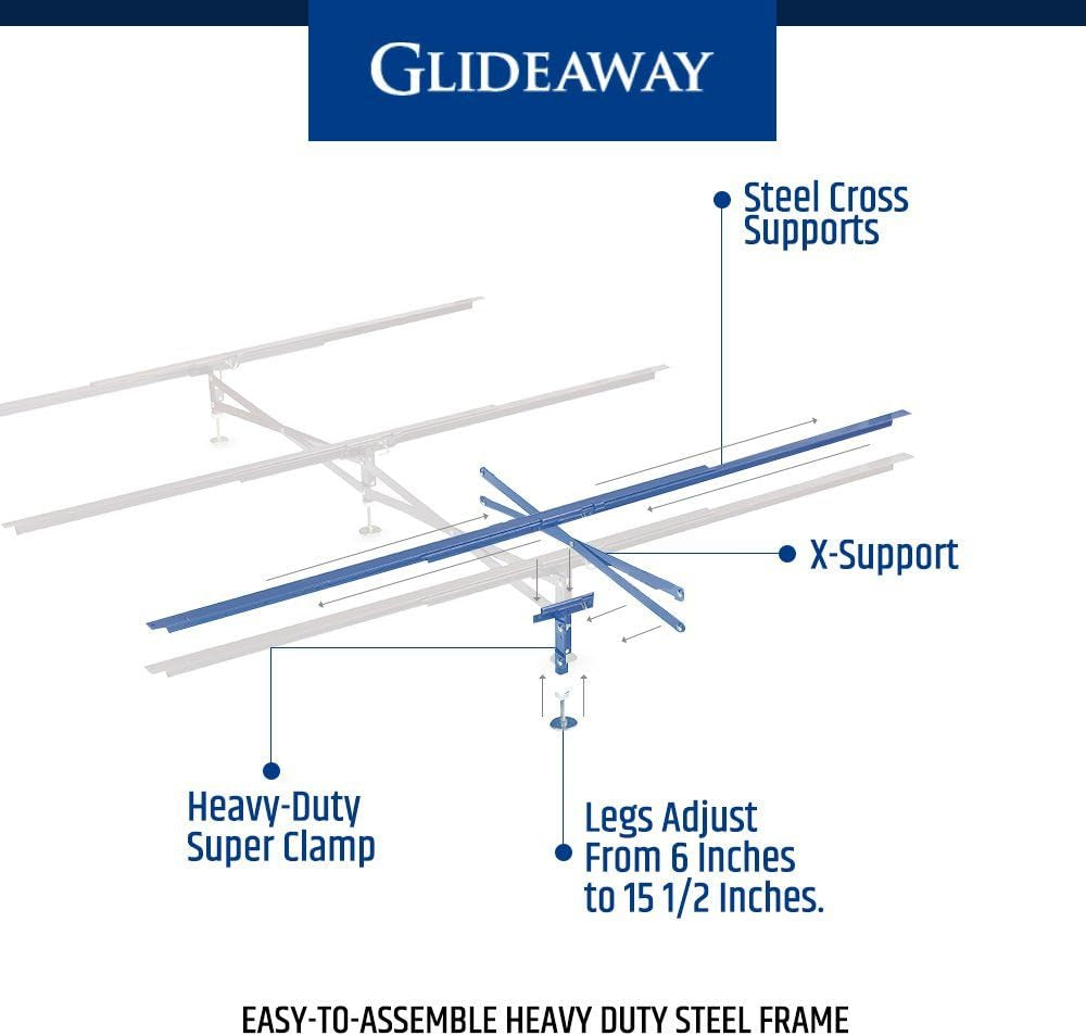 Illustrated diagram labeling steel cross supports, X-support, heavy-duty super clamp and adjustable legs with measurementcall
