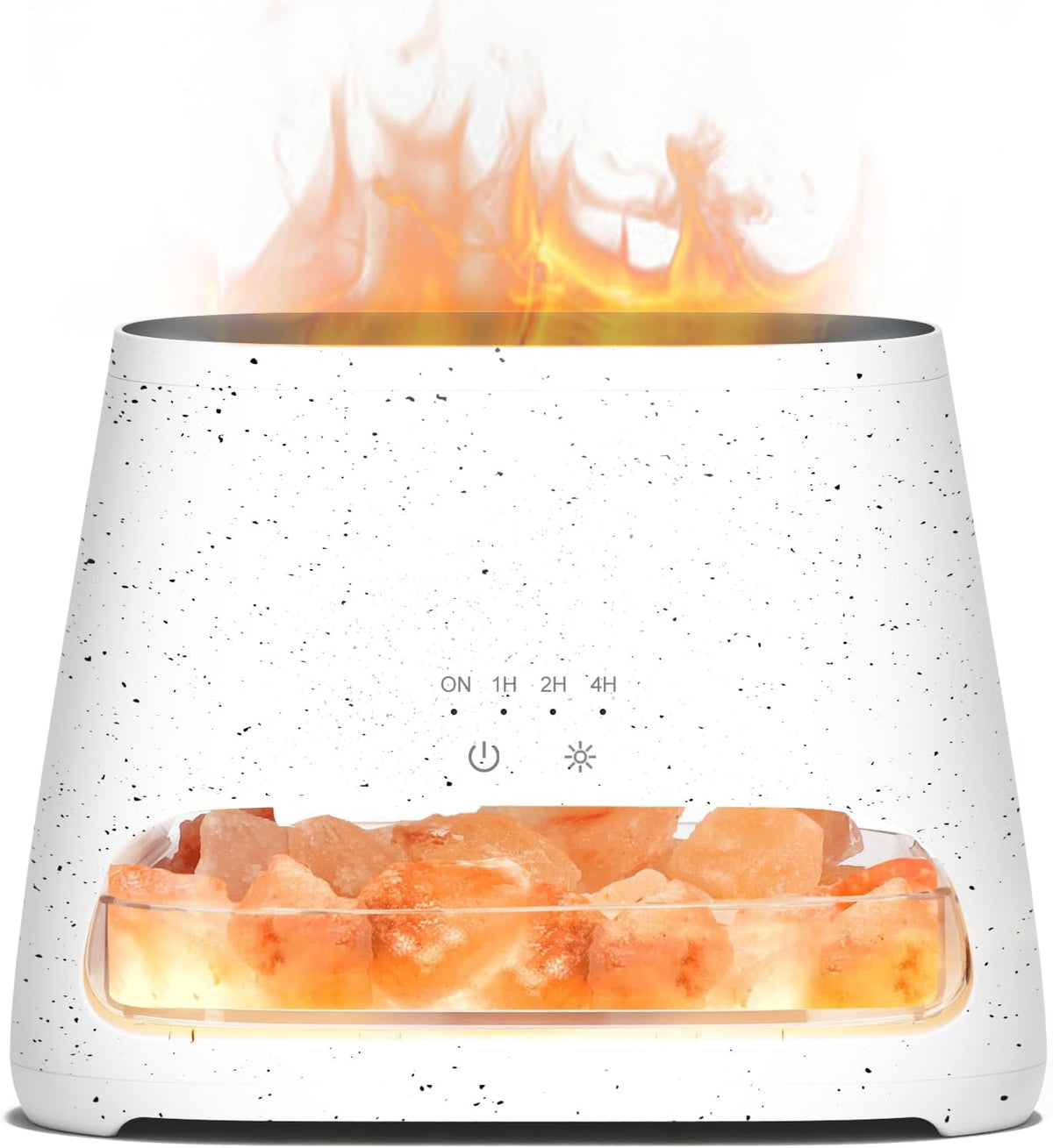 Front close-up of white speckled diffuser with visible Himalayan salt pieces glowing inside and mist above