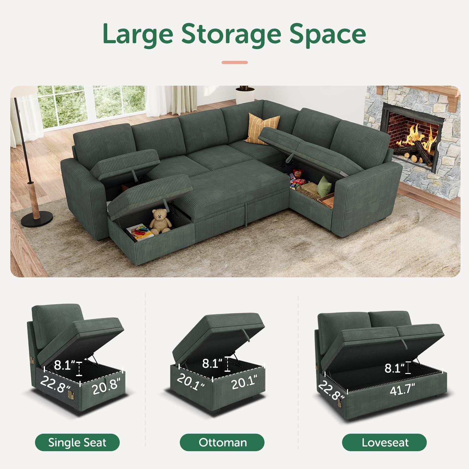 Modular Sectional Sleeper Sofa with Pull Out Bed, Corduroy Couch with Storage Seats Ottoman, U Shaped Sectional Couches for Living Room, Green