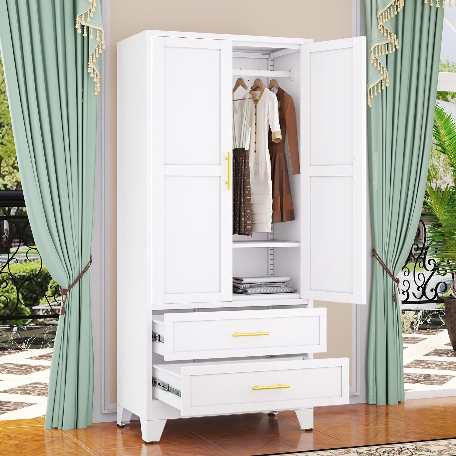 GAIOUS Metal Wardrobe Cabinet with Hanging Rod, Clothing Storage Cabinets | with 2 Door, 1 Adjustable Shelf, gallery view 8