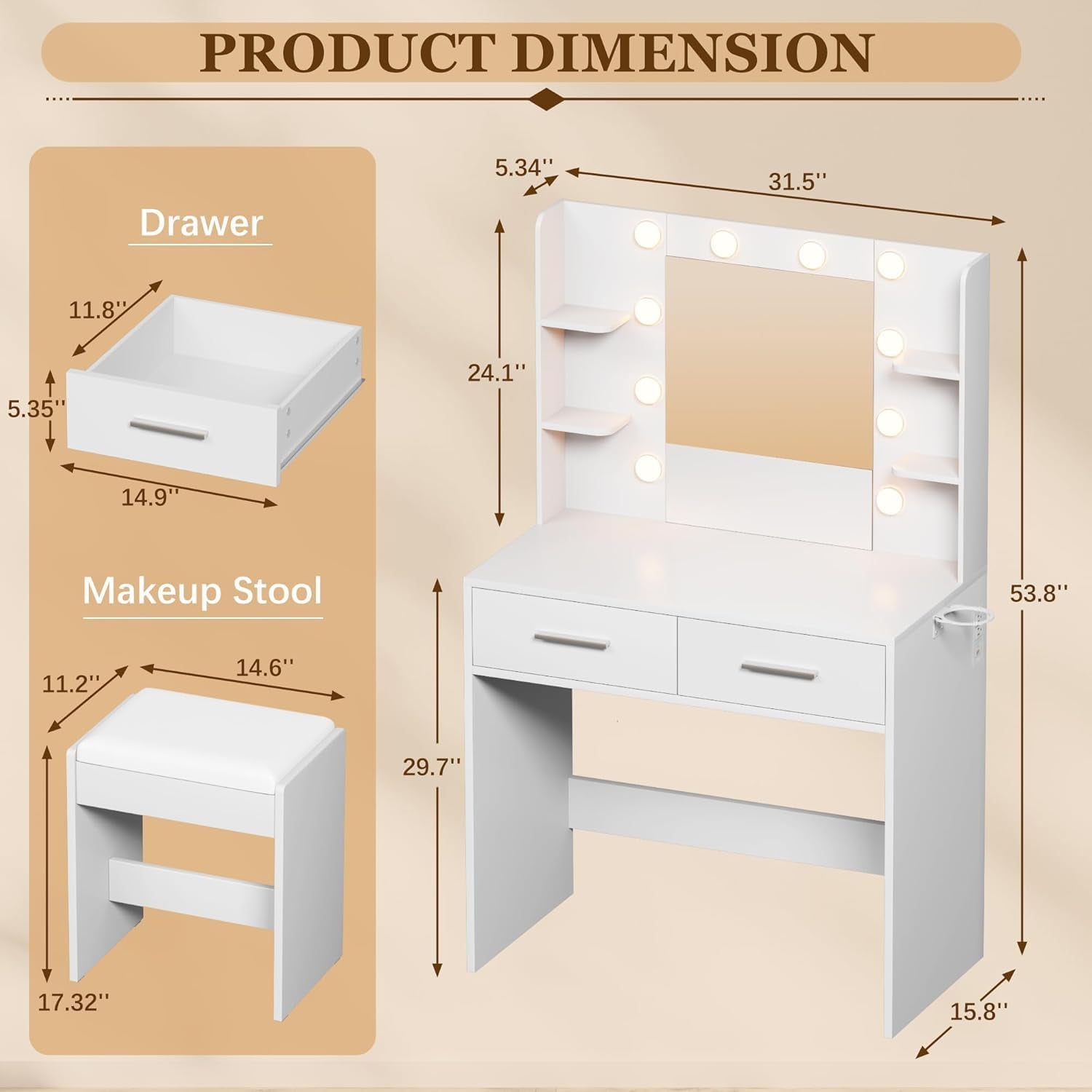 Illustrated measurements for the vanity, mirror section, drawer and stool shown to scale